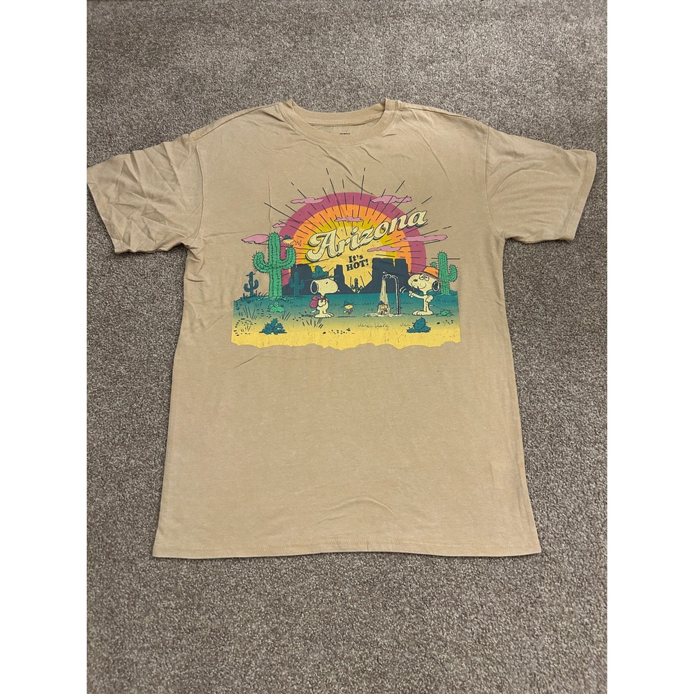 Peanuts Graphic Tee Unisex Small Tan Excellent Arizona Snoopy Woodstock Sunset